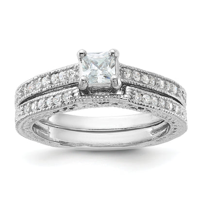 Sterling Silver Rhodium Plated 2 Piece Cz Wedding Set Ring (Size 6 Only)