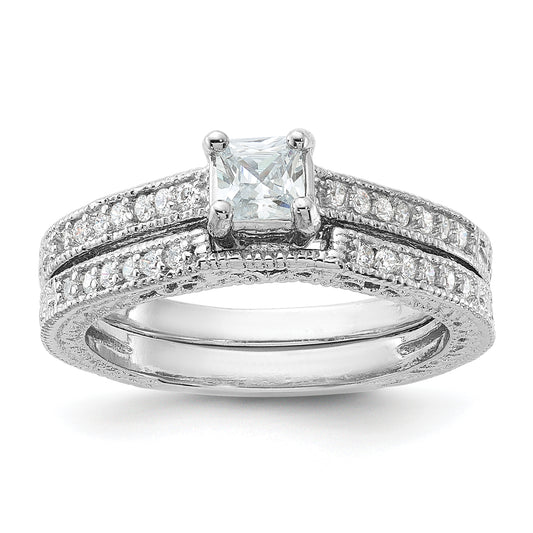 Sterling Silver Rhodium Plated 2 Piece Cz Wedding Set Ring (Size 6 Only)