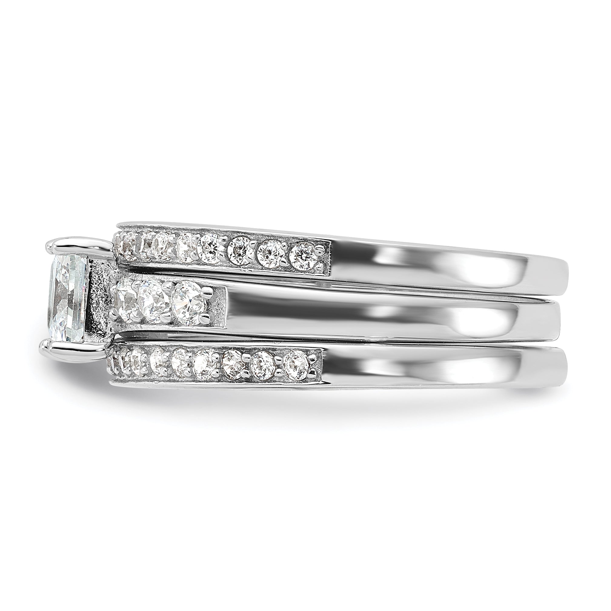 Sterling Silver Rhodium Plated Cz 3 Piece Wedding Set Ring (Size 6 Only)