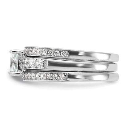 Sterling Silver Rhodium Plated Cz 3 Piece Wedding Set Ring (Size 6 Only)