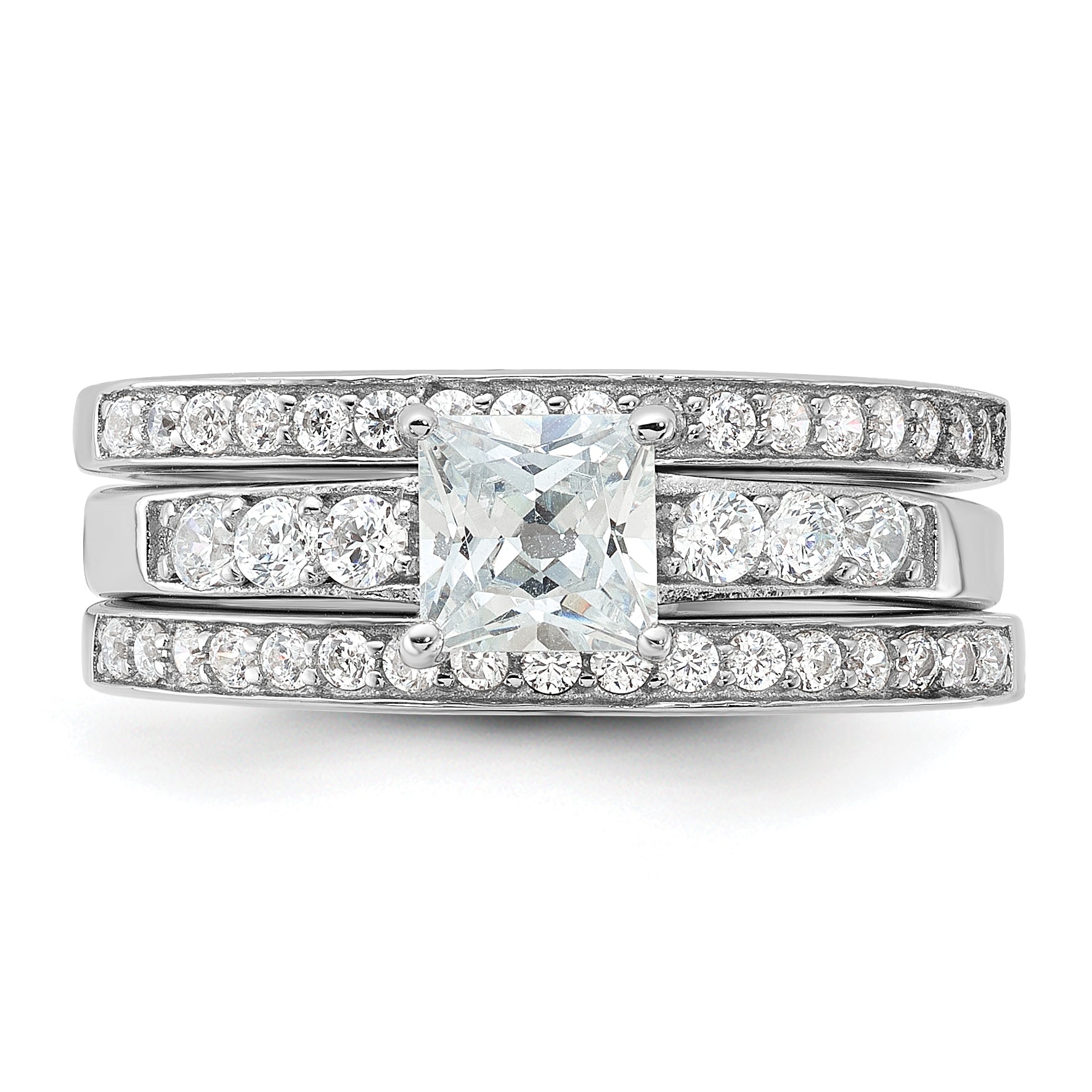 Sterling Silver Rhodium Plated Cz 3 Piece Wedding Set Ring (Size 6 Only)