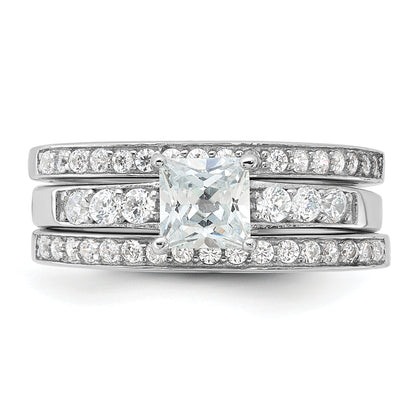 Sterling Silver Rhodium Plated Cz 3 Piece Wedding Set Ring (Size 6 Only)
