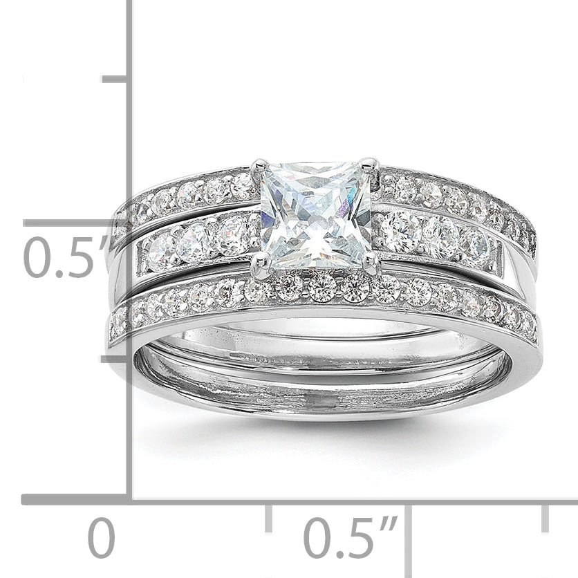 Sterling Silver Rhodium Plated Cz 3 Piece Wedding Set Ring (Size 6 Only)