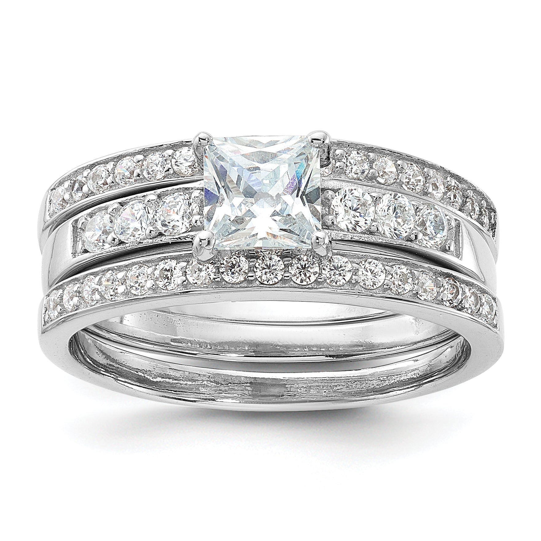 Sterling Silver Rhodium Plated Cz 3 Piece Wedding Set Ring (Size 6 Only)