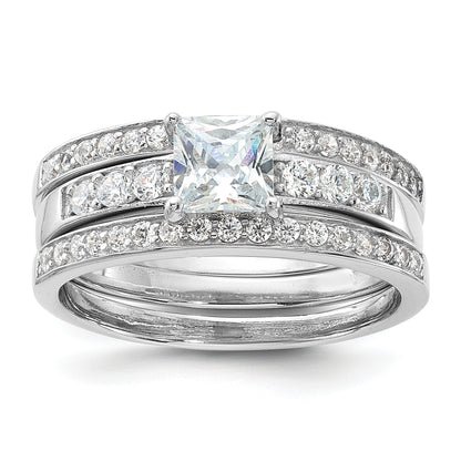 Sterling Silver Rhodium Plated Cz 3 Piece Wedding Set Ring (Size 6 Only)