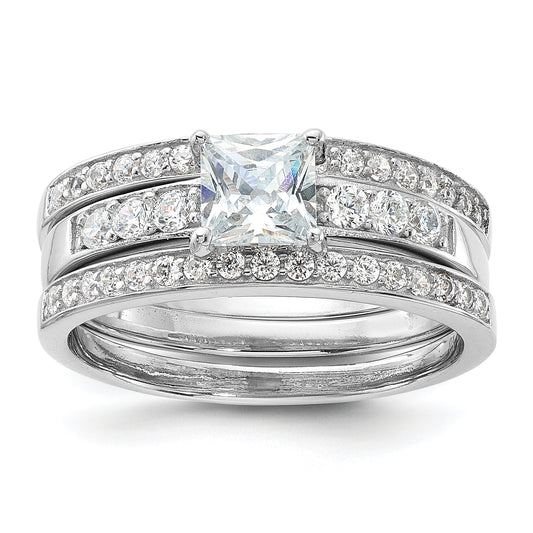 Sterling Silver Rhodium Plated Cz 3 Piece Wedding Set Ring (Size 6 Only)