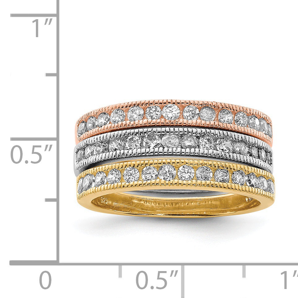 Sterling Silver Vermeil Polished Trio Cz Rings