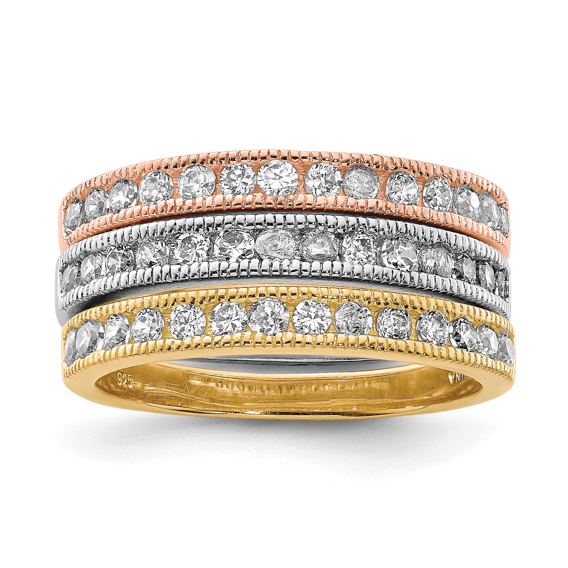 Sterling Silver Vermeil Polished Trio Cz Rings