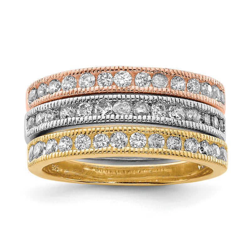Sterling Silver Vermeil Polished Trio Cz Rings