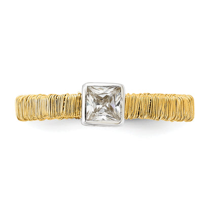 Sterling Silver W/ Gold Tone Vermeil Wire Wrapped Cz Ring (Size 7 Only)