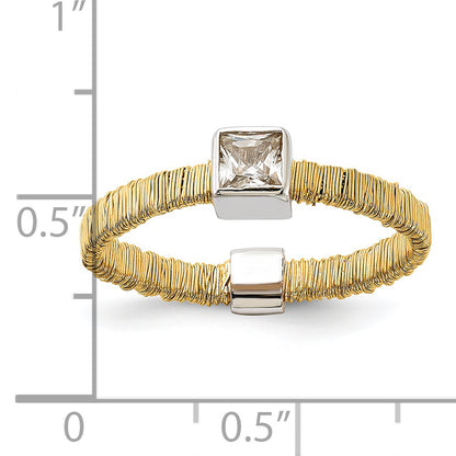 Sterling Silver W/ Gold Tone Vermeil Wire Wrapped Cz Ring (Size 7 Only)