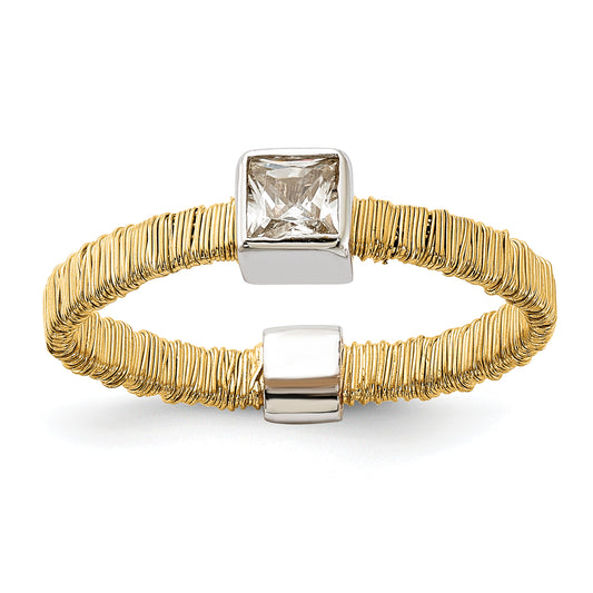 Sterling Silver W/ Gold Tone Vermeil Wire Wrapped Cz Ring (Size 7 Only)
