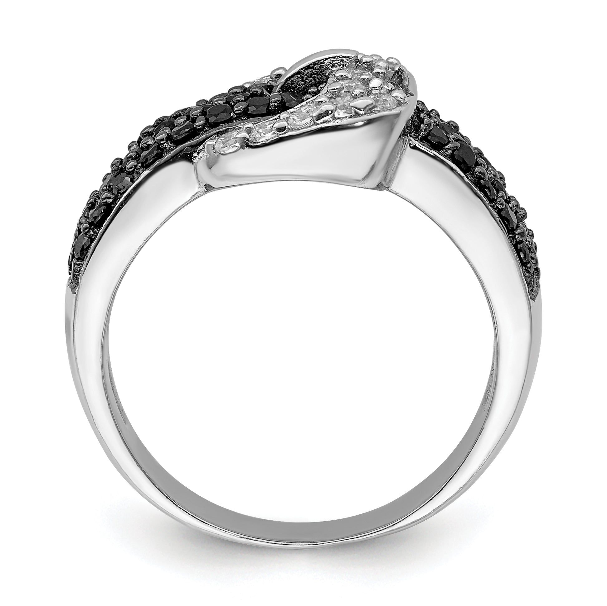 Sterling Silver Rhodium Black And Clear Cz Buckle Ring
