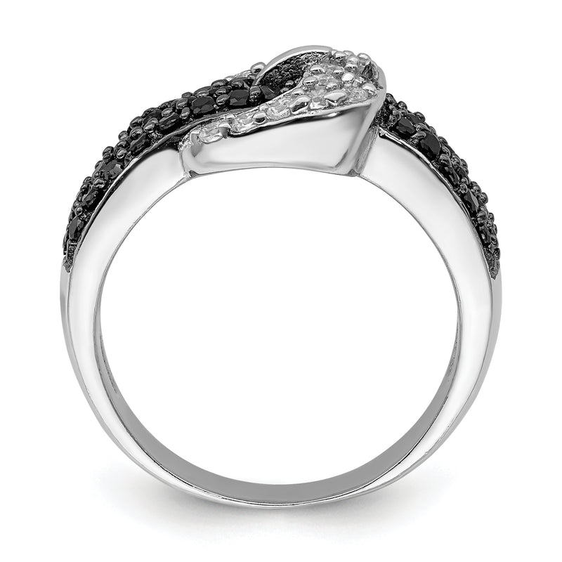 Sterling Silver Rhodium Black And Clear Cz Buckle Ring