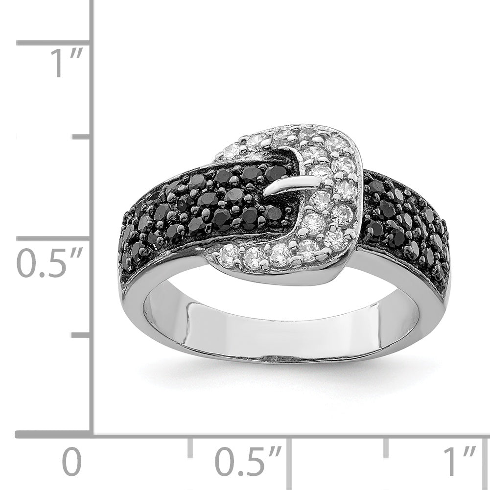 Sterling Silver Rhodium Black And Clear Cz Buckle Ring