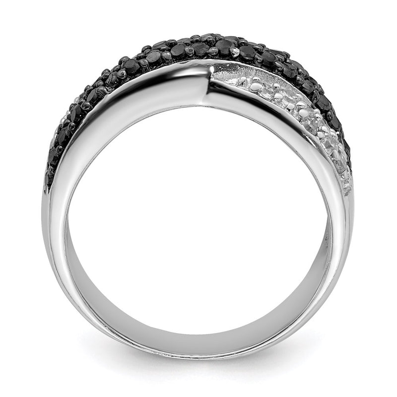 Sterling Silver Rhodium Black & White Cz Crossed Ring