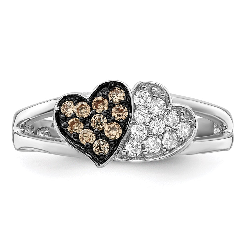 Sterling Silver Rhodium Clear & Champagne Cz Hearts Ring (Size 7 Only)