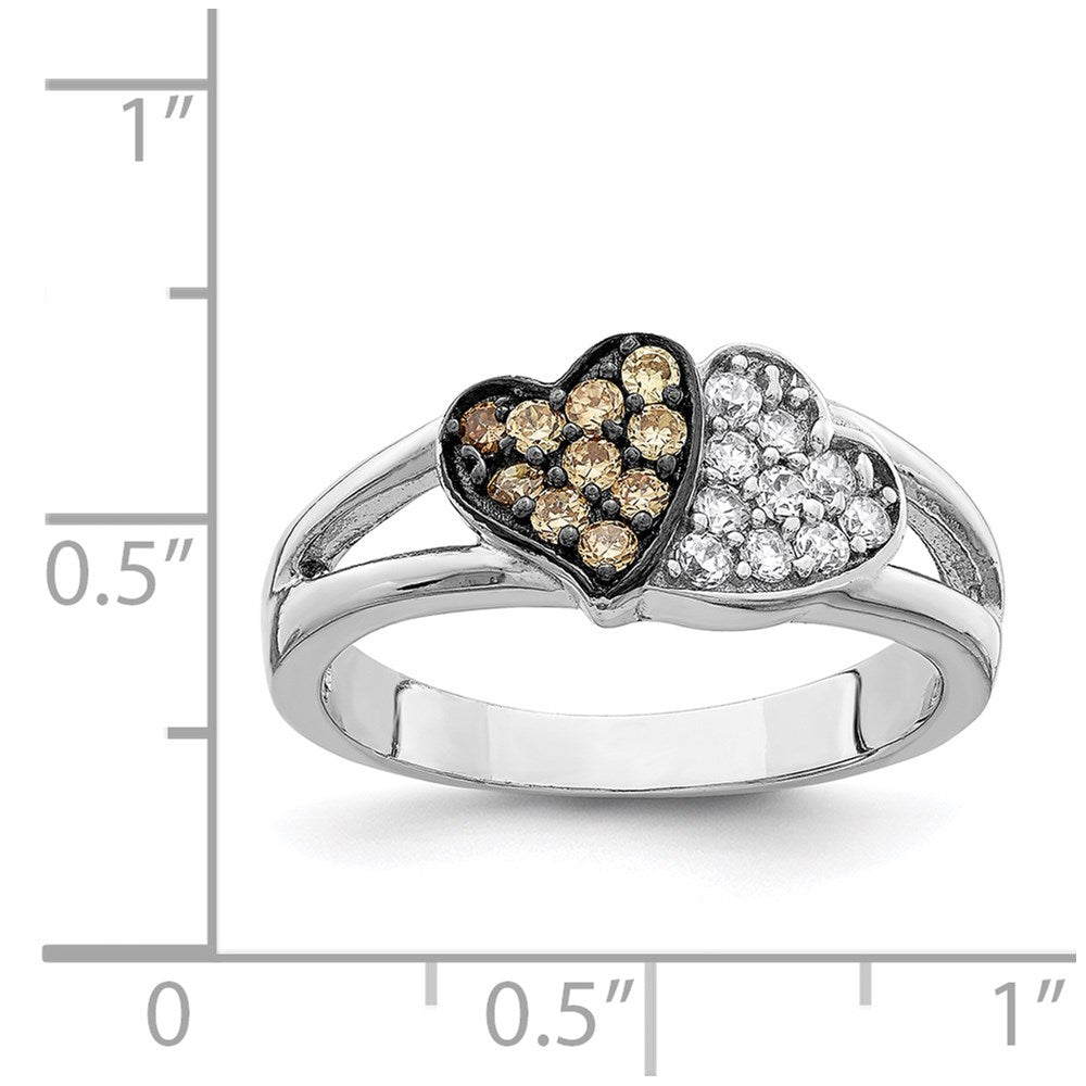 Sterling Silver Rhodium Clear & Champagne Cz Hearts Ring (Size 7 Only)