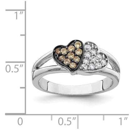 Sterling Silver Rhodium Clear & Champagne Cz Hearts Ring (Size 7 Only)