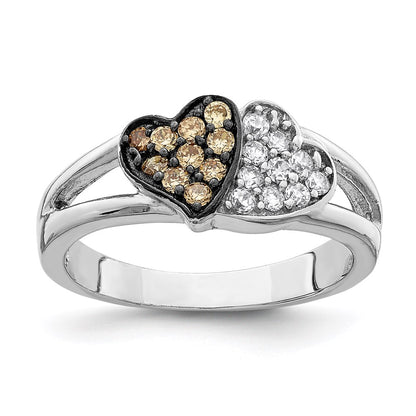Sterling Silver Rhodium Clear & Champagne Cz Hearts Ring (Size 7 Only)