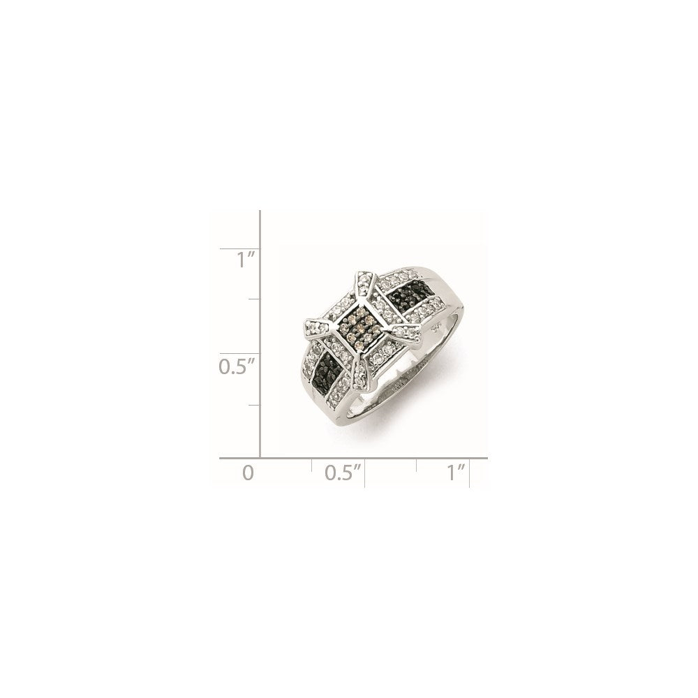 Sterling Silver Rhodium Champ/Black/White Cz Square Ring