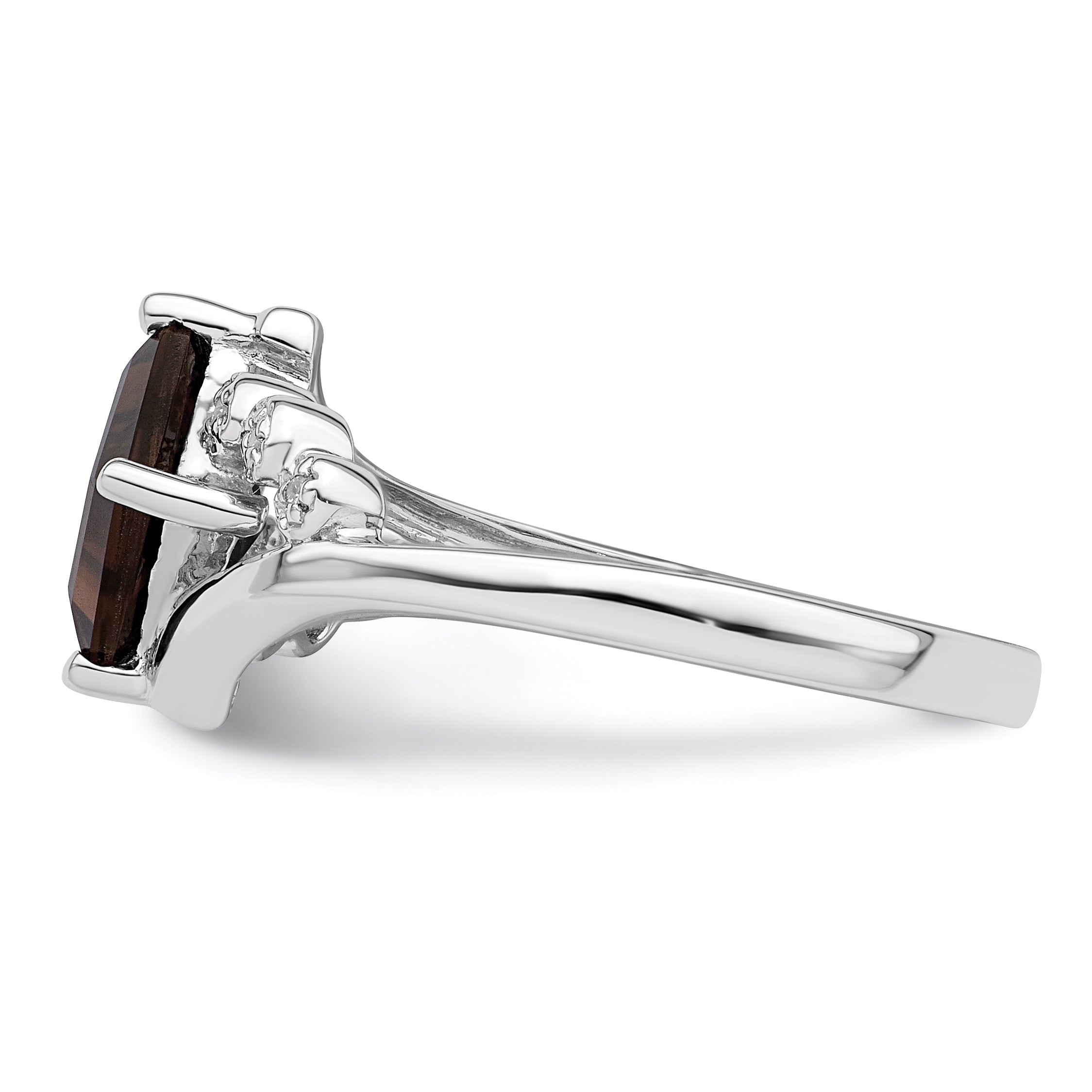 Sterling Silver Rhodium Princess Cut Smoky Quartz & Diamond Ring
