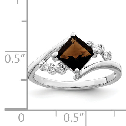 Sterling Silver Rhodium Princess Cut Smoky Quartz & Diamond Ring