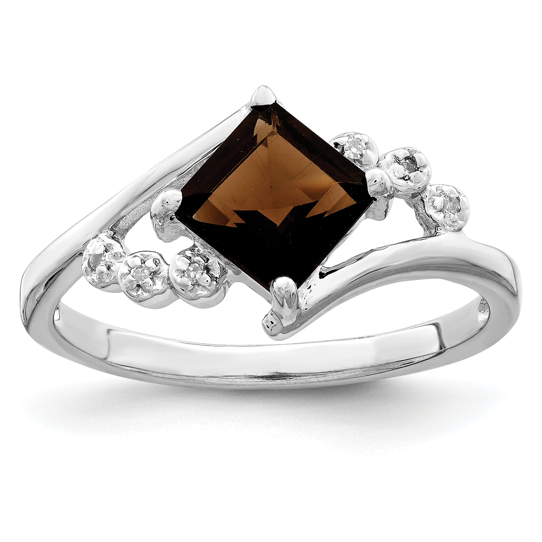 Sterling Silver Rhodium Princess Cut Smoky Quartz & Diamond Ring