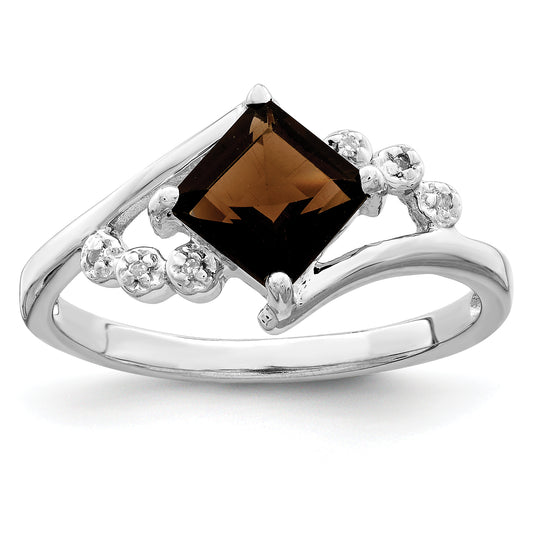Sterling Silver Rhodium Princess Cut Smoky Quartz & Diamond Ring