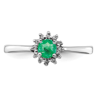 Sterling Silver Rhodium Plated Round Emerald & Diamond Ring