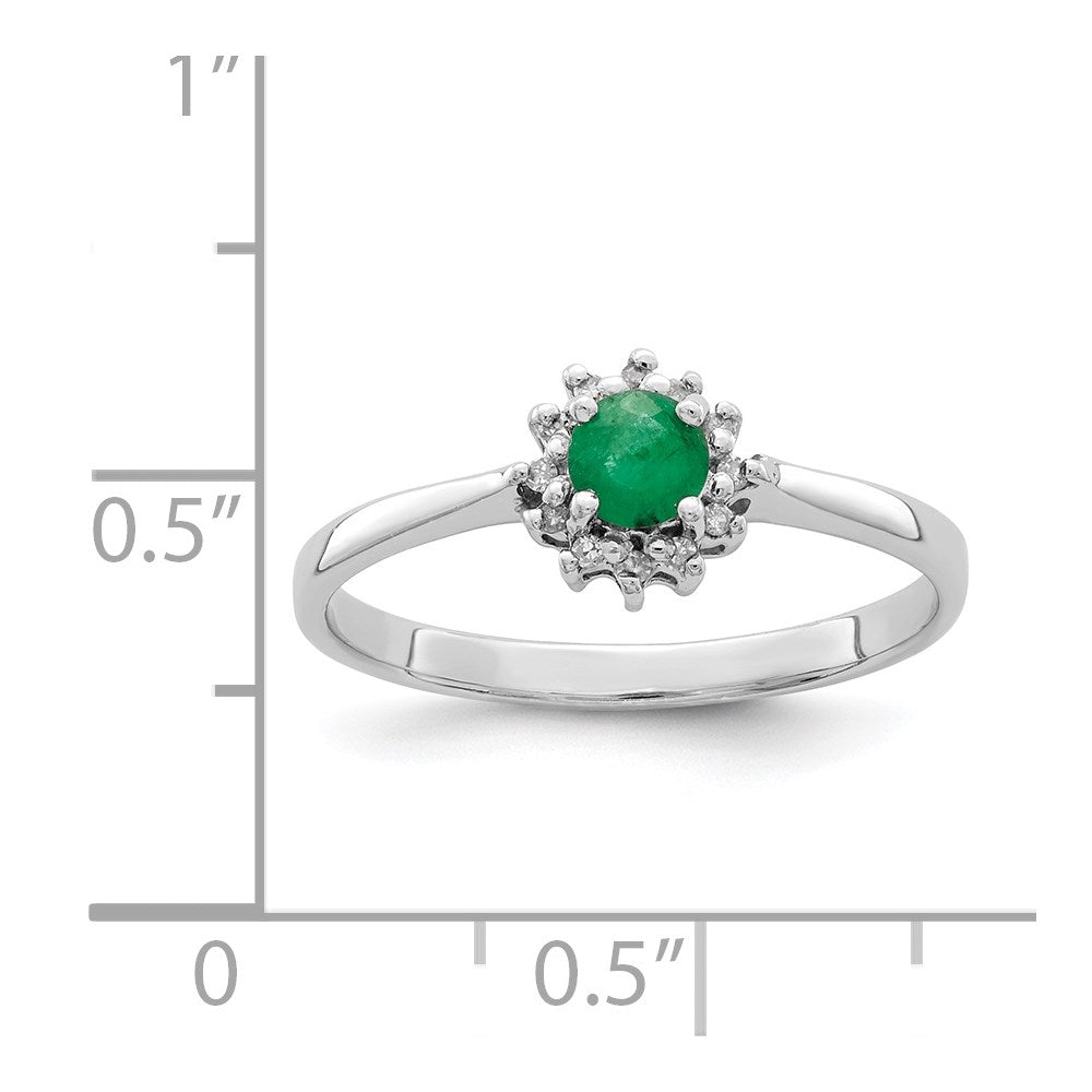 Sterling Silver Rhodium Plated Round Emerald & Diamond Ring