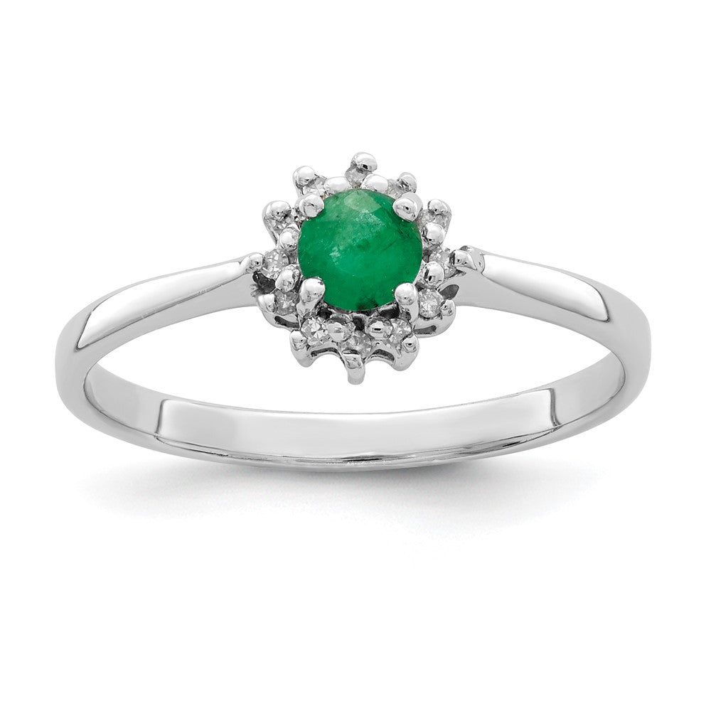 Sterling Silver Rhodium Plated Round Emerald & Diamond Ring
