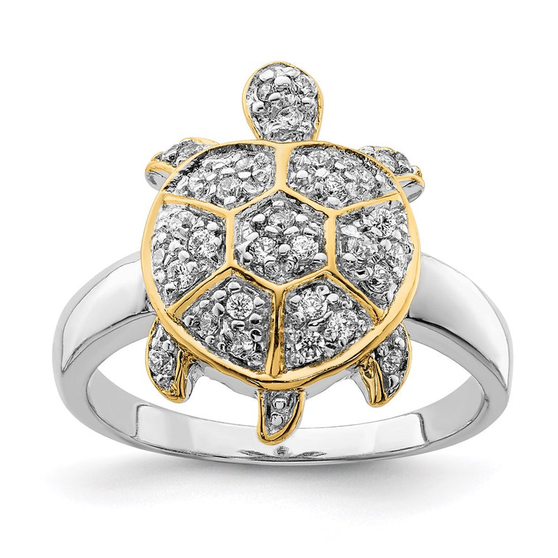 Sterling Silver Rhodium Plated Cz And Flash Gold Turtle Ring