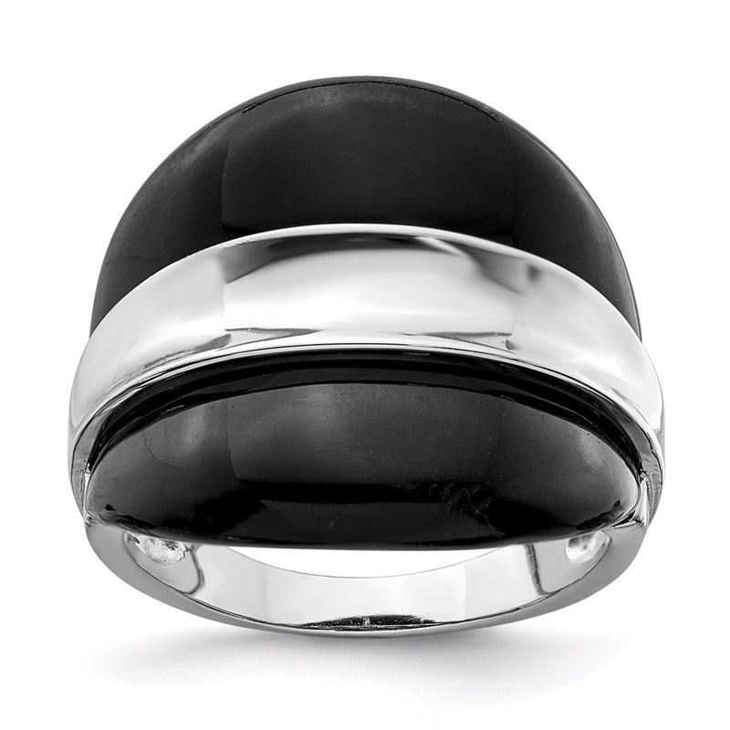 Sterling Silver Rhodium Plated Band W/ Surrounding Onyx Bands Ring (Size 8 Only)