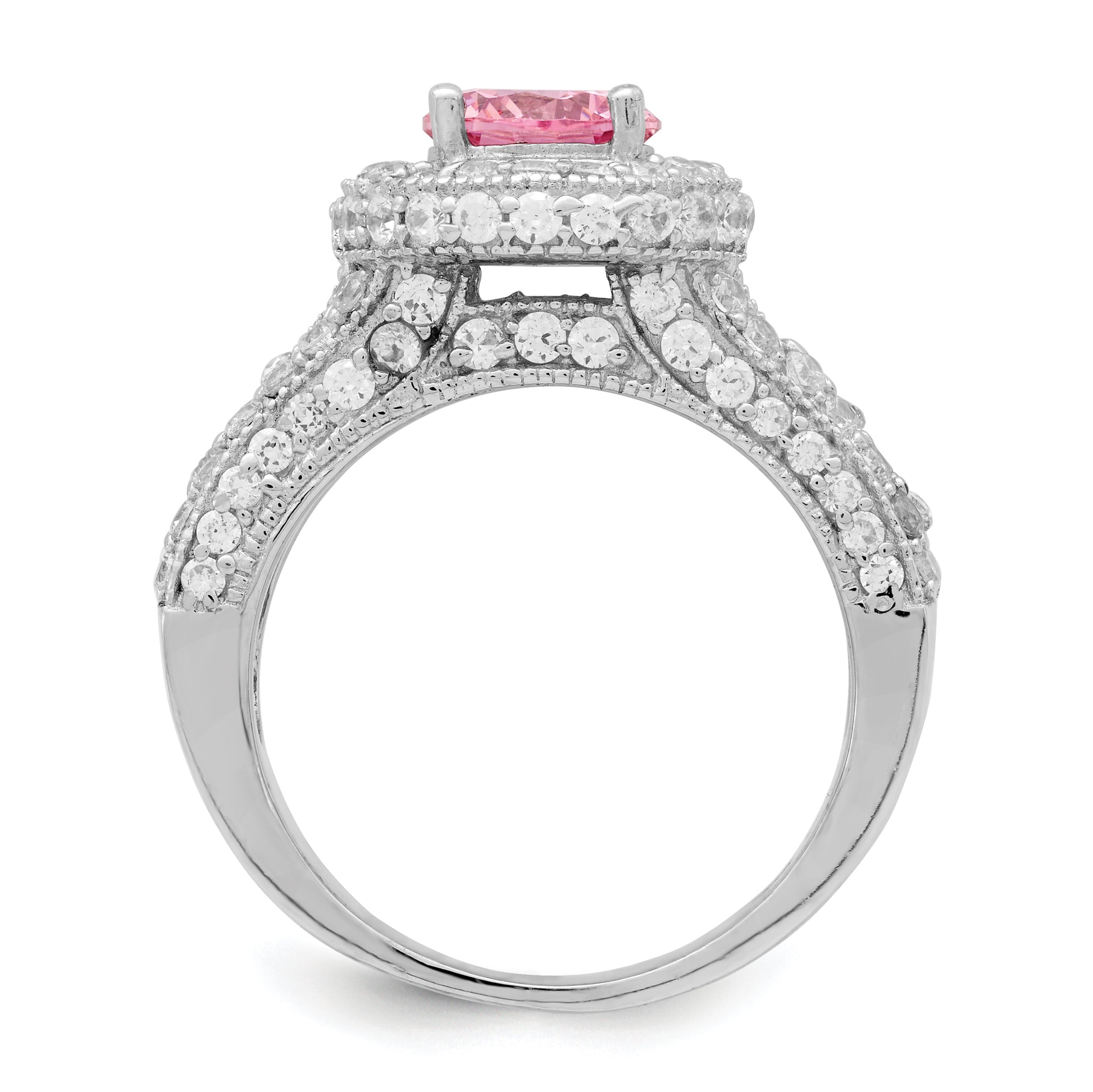 Sterling Silver Rhodium Plated Round Pink And White Cz Ring