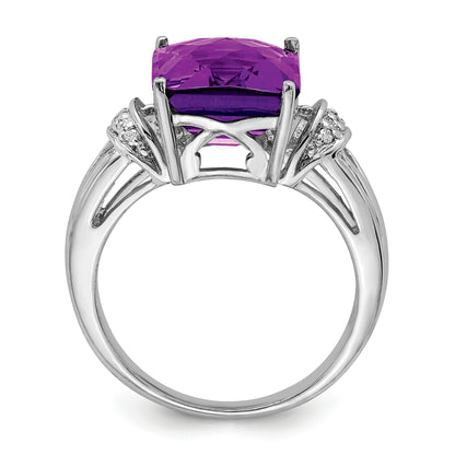 Sterling Silver Rhodium Plated Checker Cut Amethyst & Diamond Ring (Size 7 Only)