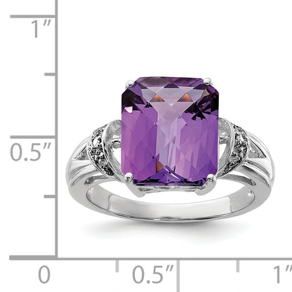 Sterling Silver Rhodium Plated Checker Cut Amethyst & Diamond Ring (Size 7 Only)