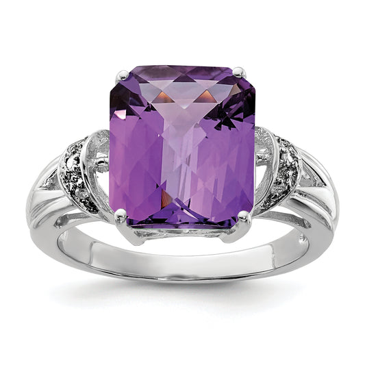 Sterling Silver Rhodium Plated Checker Cut Amethyst & Diamond Ring (Size 7 Only)
