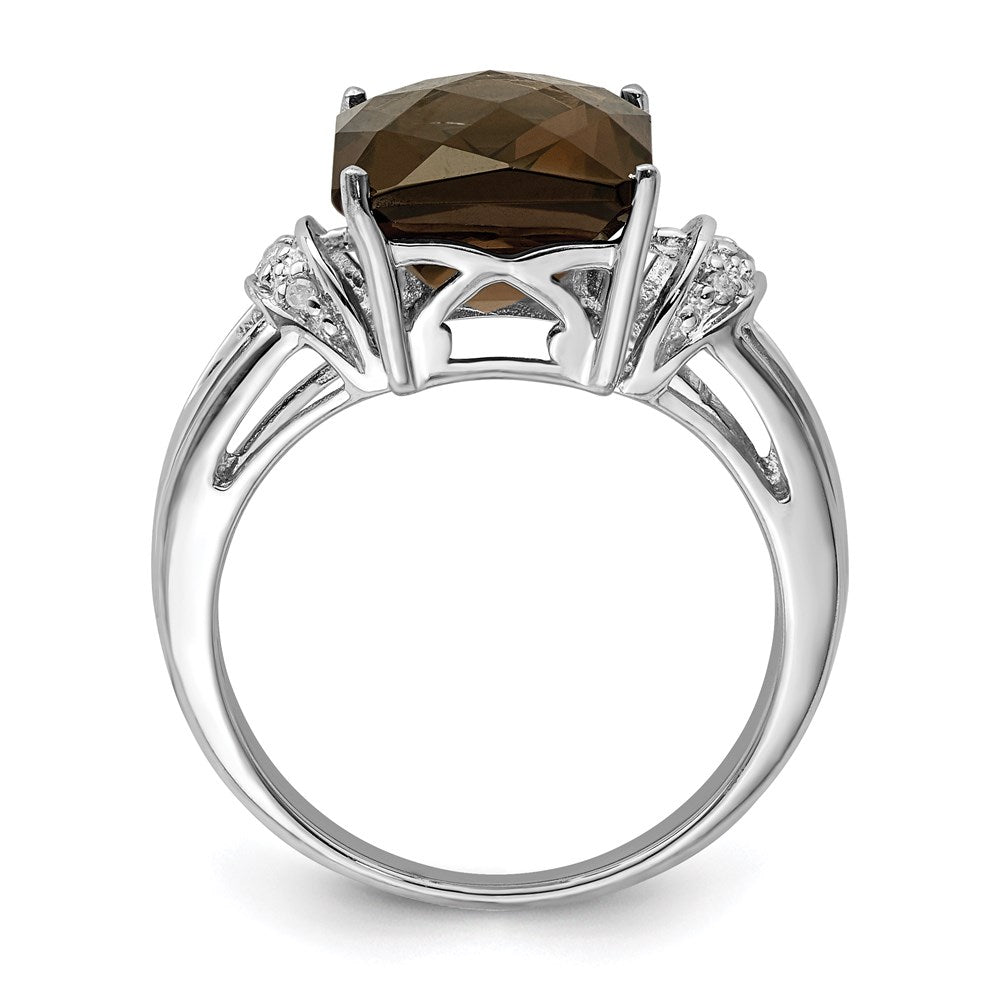 Sterling Silver Rhodium Octagonal Checker Cut Smoky Quartz & Diamond Ring (Size 7 Only)