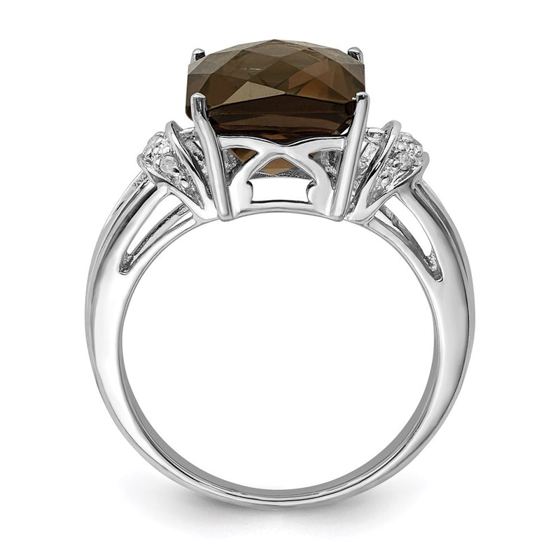 Sterling Silver Rhodium Octagonal Checker Cut Smoky Quartz & Diamond Ring (Size 7 Only)