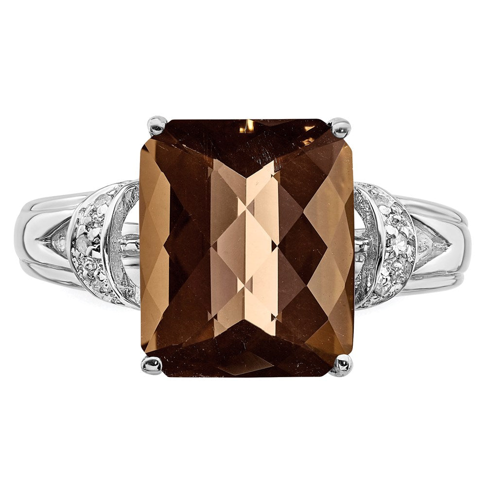 Sterling Silver Rhodium Octagonal Checker Cut Smoky Quartz & Diamond Ring (Size 7 Only)