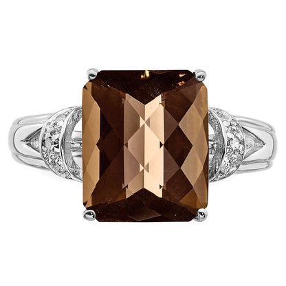 Sterling Silver Rhodium Octagonal Checker Cut Smoky Quartz & Diamond Ring (Size 7 Only)