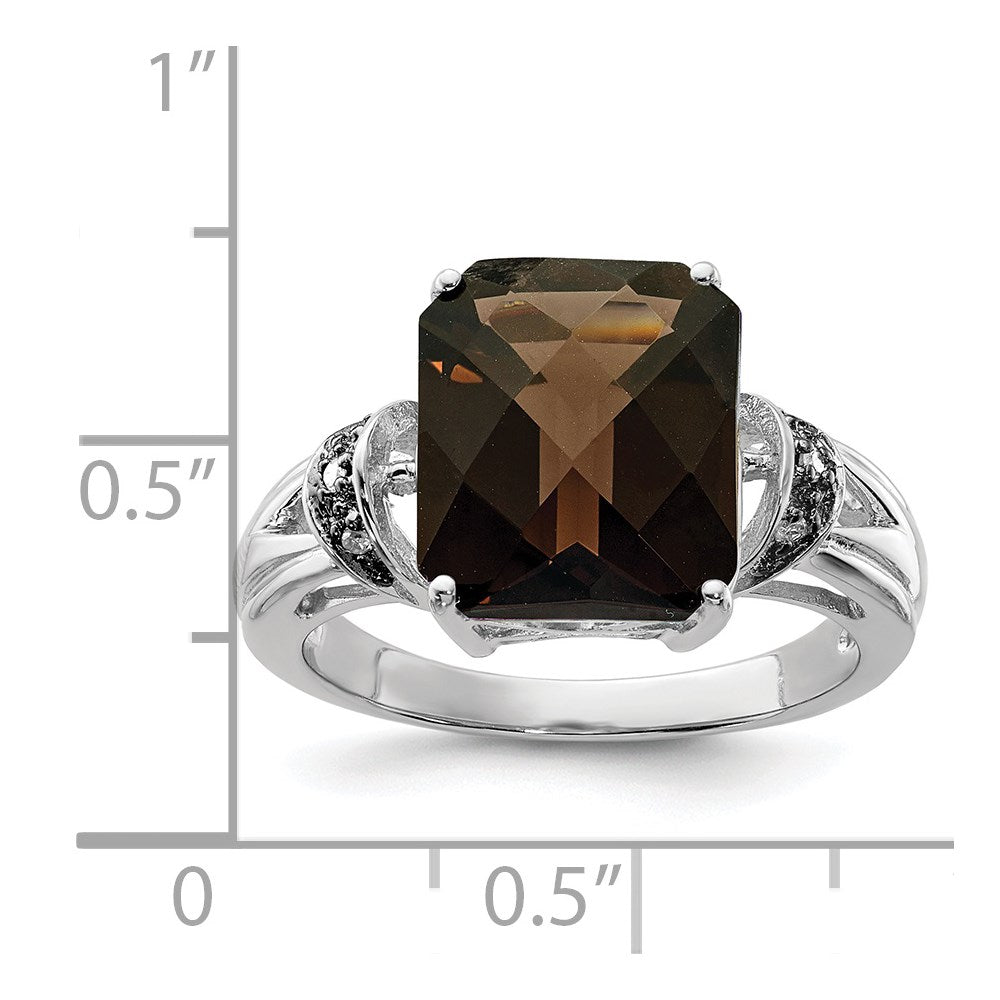 Sterling Silver Rhodium Octagonal Checker Cut Smoky Quartz & Diamond Ring (Size 7 Only)