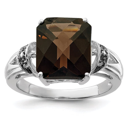 Sterling Silver Rhodium Octagonal Checker Cut Smoky Quartz & Diamond Ring (Size 7 Only)
