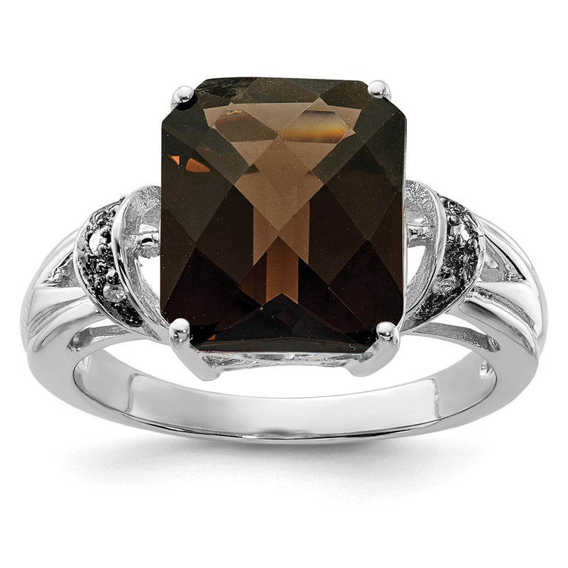 Sterling Silver Rhodium Octagonal Checker Cut Smoky Quartz & Diamond Ring (Size 7 Only)