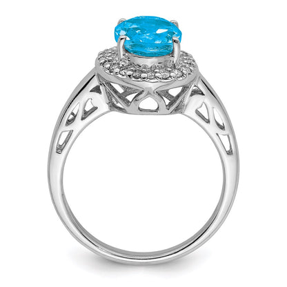 Sterling Silver Rhodium Oval Blue Topaz & Diamond Ring (Size 7 Only)