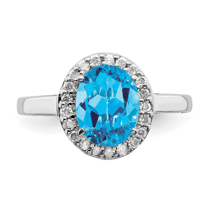 Sterling Silver Rhodium Oval Blue Topaz & Diamond Ring (Size 7 Only)