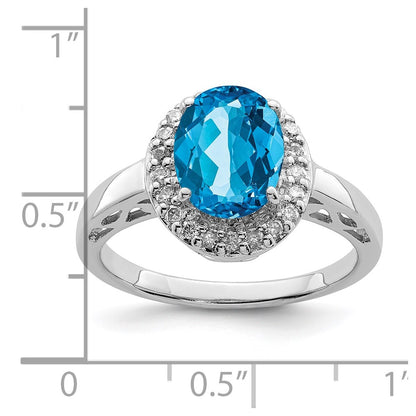 Sterling Silver Rhodium Oval Blue Topaz & Diamond Ring (Size 7 Only)
