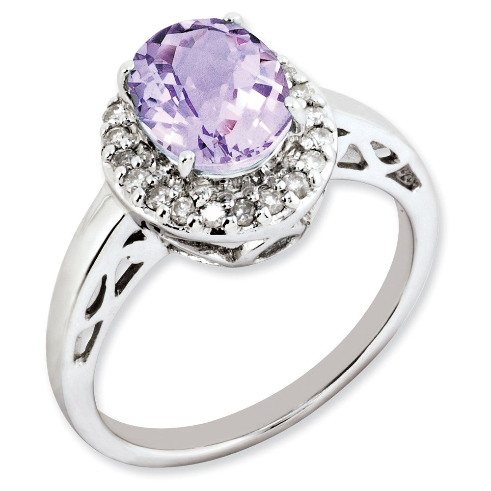 Sterling Silver Rhodium Plated Oval Pink Quartz & Diamond Ring (Size 7 Only)