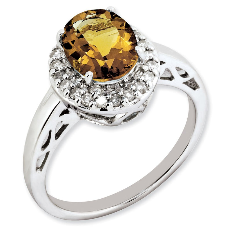 Sterling Silver Rhodium Plated Oval Whiskey Quartz & Diamond Ring (Size 7 Only)